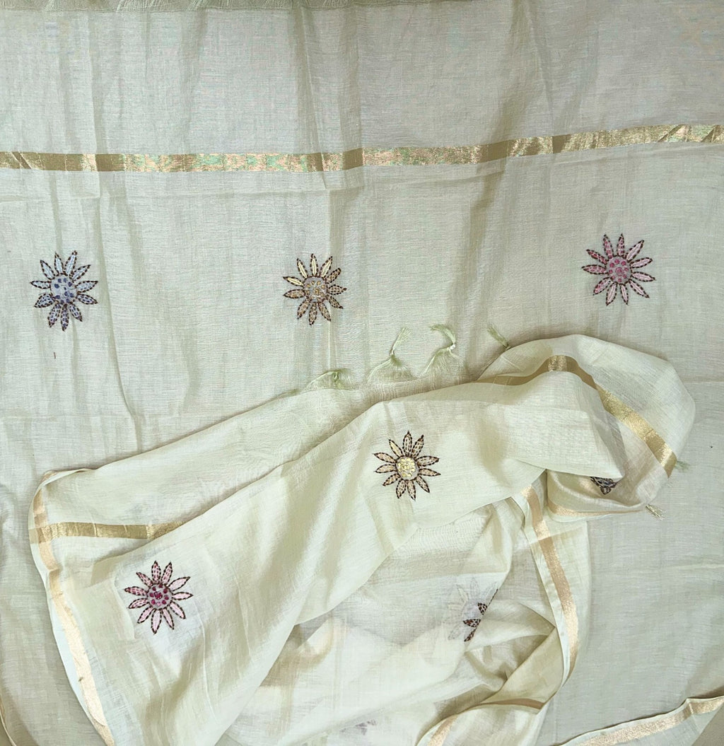 Cream Chanderi Silk Kantha Hand Stitched Unstitched Suit