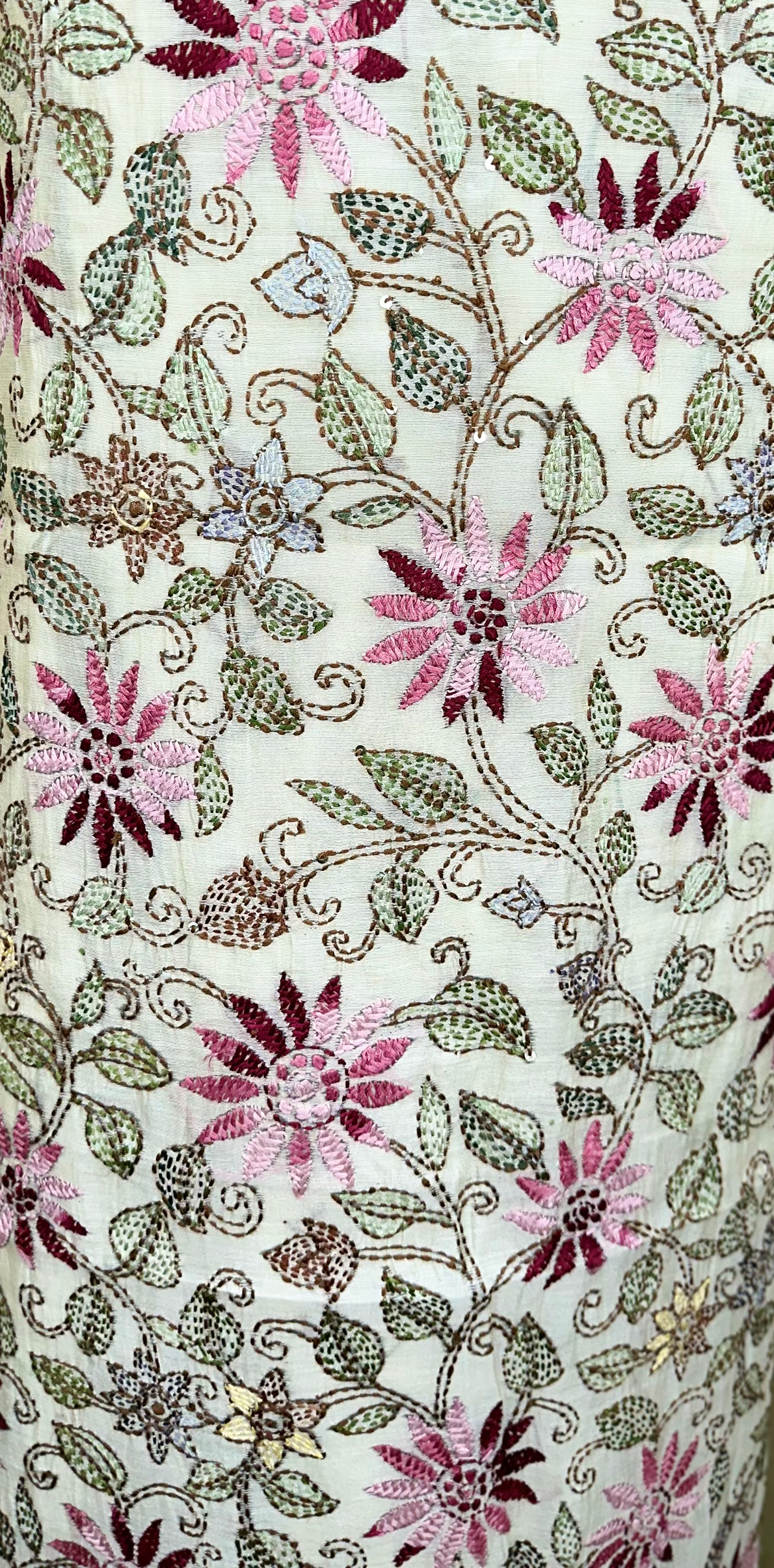 Cream Chanderi Silk Kantha Hand Stitched Unstitched Suit
