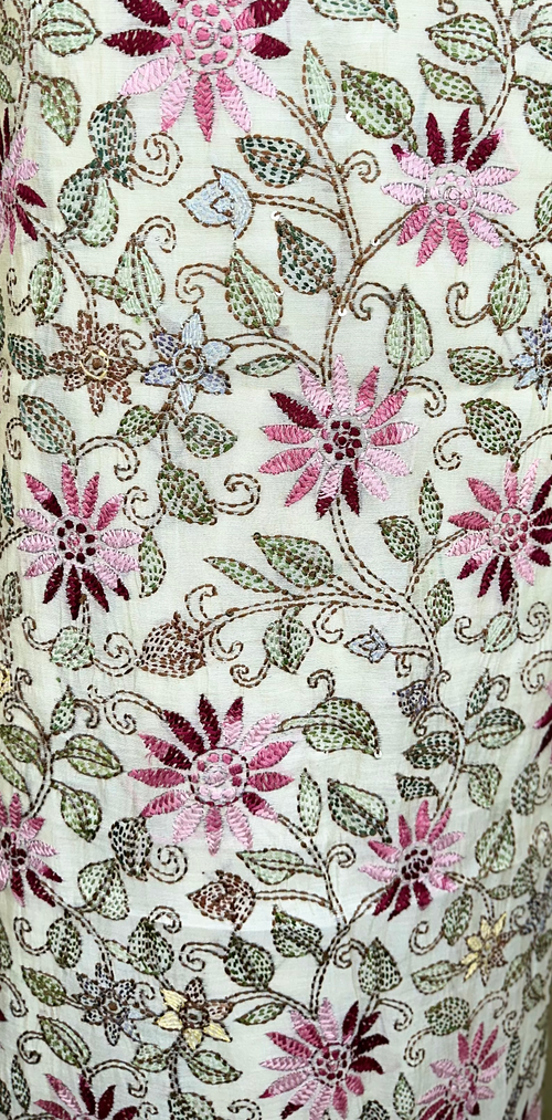 Cream Chanderi Silk Kantha Hand Stitched Unstitched Suit