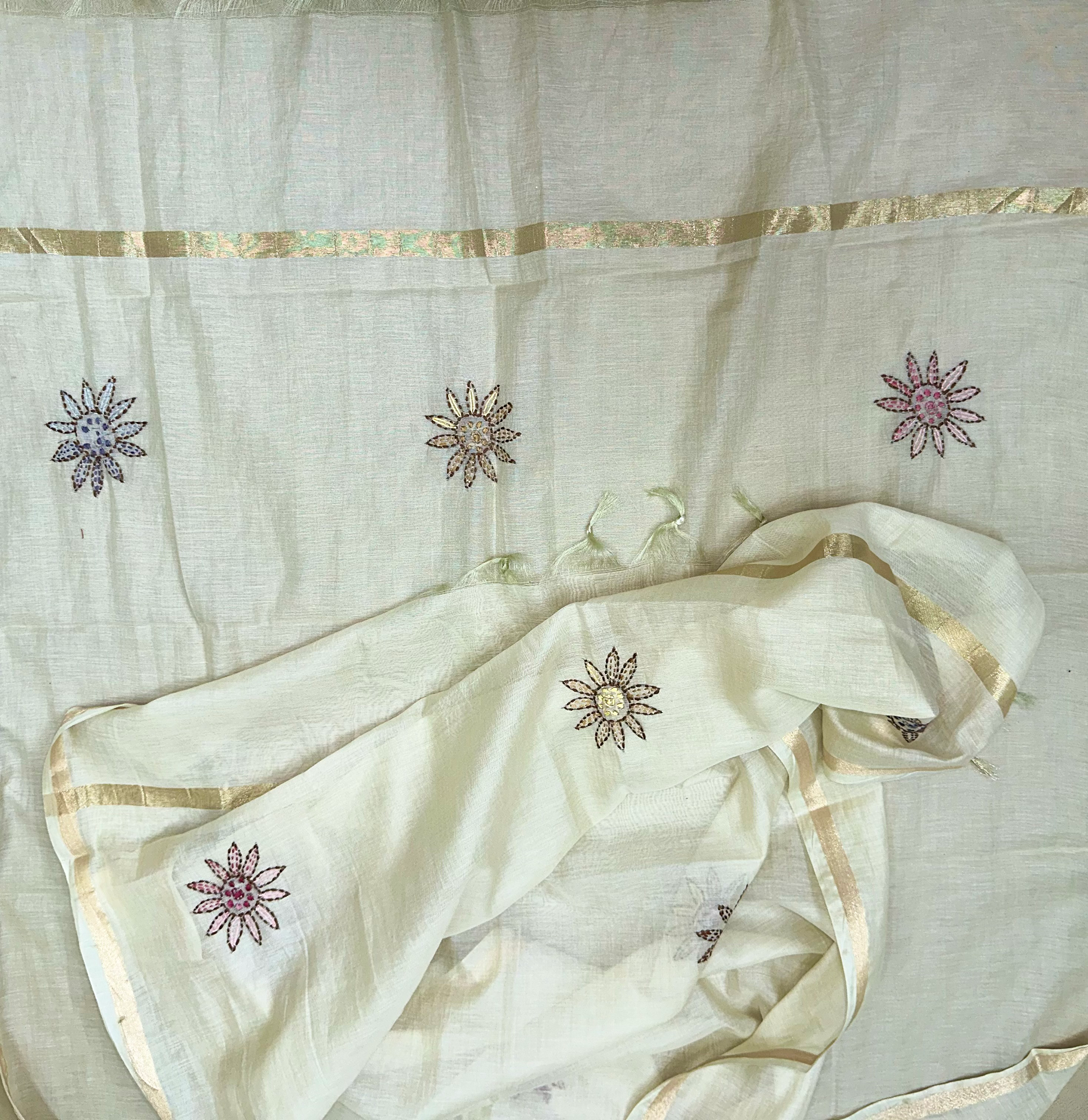 Cream Chanderi Silk Kantha Hand Stitched Unstitched Suit