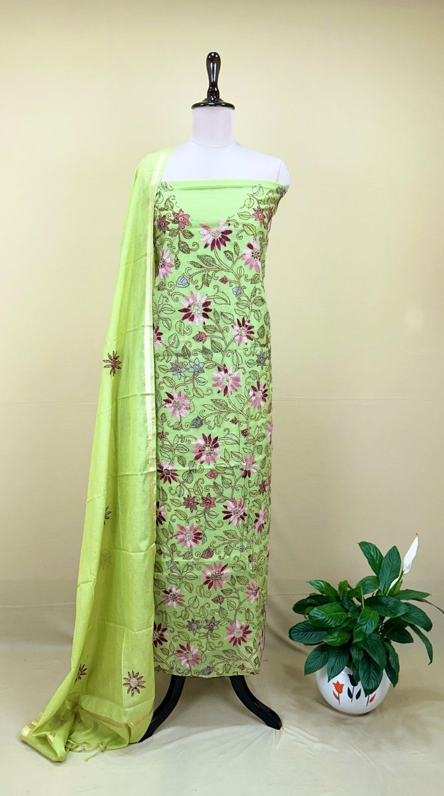 Green Chanderi Silk Kantha Hand Stitched Unstitched Suit