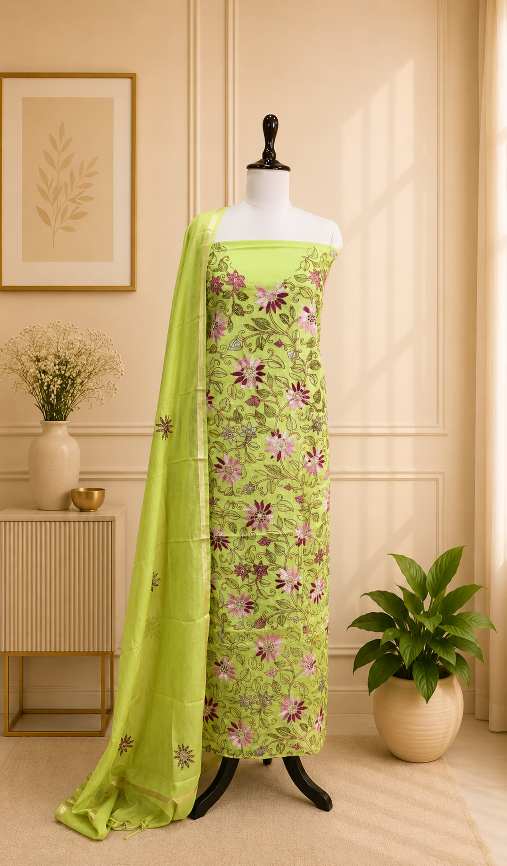 Green Chanderi Silk Kantha Hand Stitched Unstitched Suit