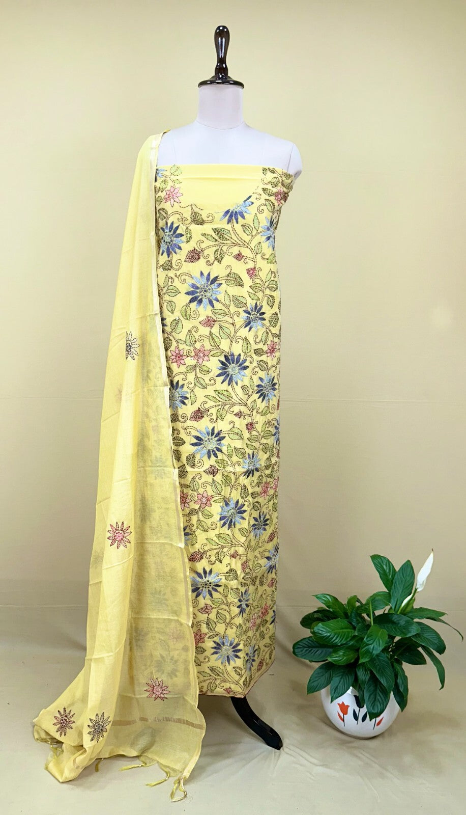 Yellow Chanderi Silk Kantha Hand Stitched Unstitched Suit