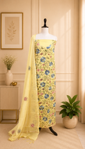 Yellow Chanderi Silk Kantha Hand Stitched Unstitched Suit