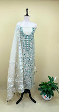 Beige Cotton Chanderi Kantha Green Thread Hand Stitched with Mirror Work Unstitched Suit
