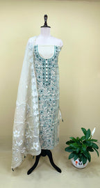 Beige Cotton Chanderi Kantha Green Thread Hand Stitched with Mirror Work Unstitched Suit