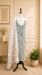 Beige Cotton Chanderi Kantha Green Thread Hand Stitched with Mirror Work Unstitched Suit