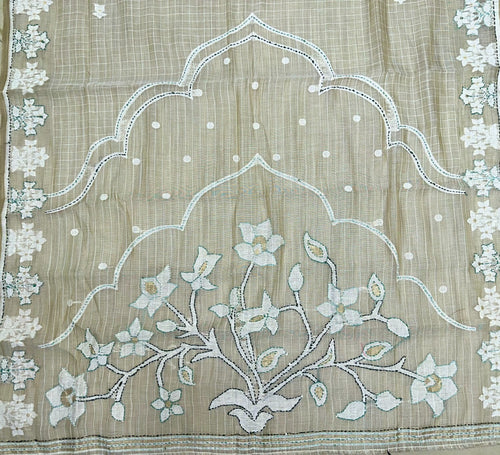 Beige Cotton Chanderi Kantha Green Thread Hand Stitched with Mirror Work Unstitched Suit
