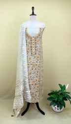 Beige Cotton Chanderi Kantha Mustard Thread Hand Stitched with Mirror Work Unstitched Suit