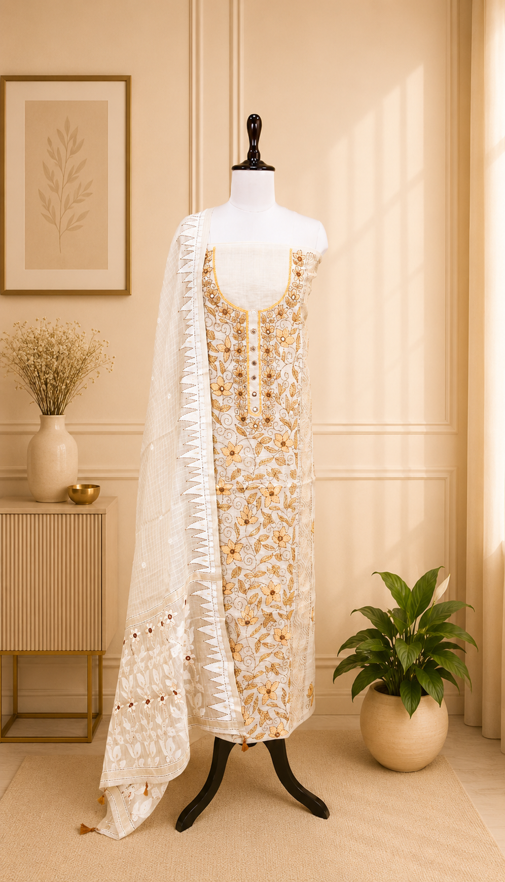 Beige Cotton Chanderi Kantha Mustard Thread Hand Stitched with Mirror Work Unstitched Suit