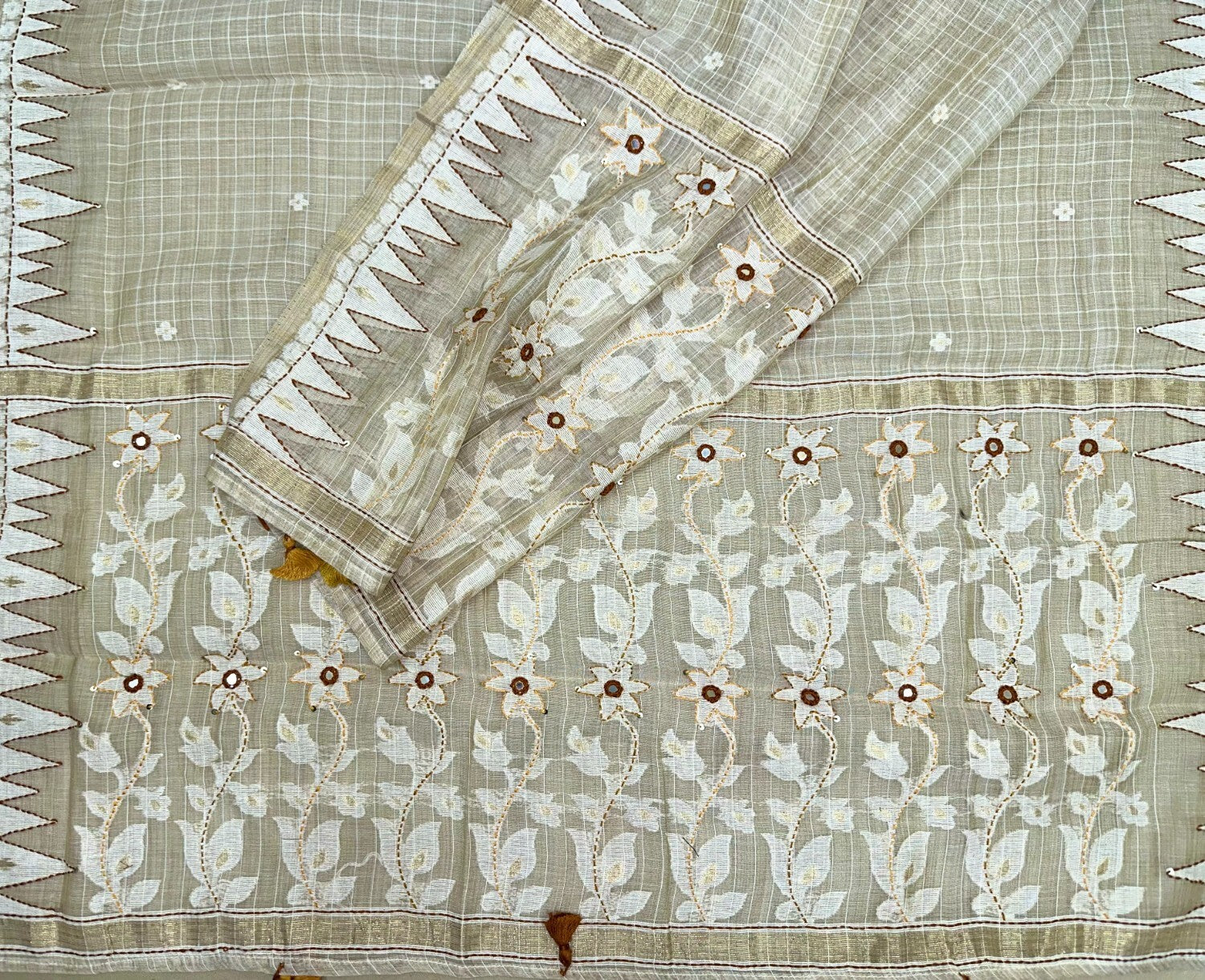 Beige Cotton Chanderi Kantha Mustard Thread Hand Stitched with Mirror Work Unstitched Suit