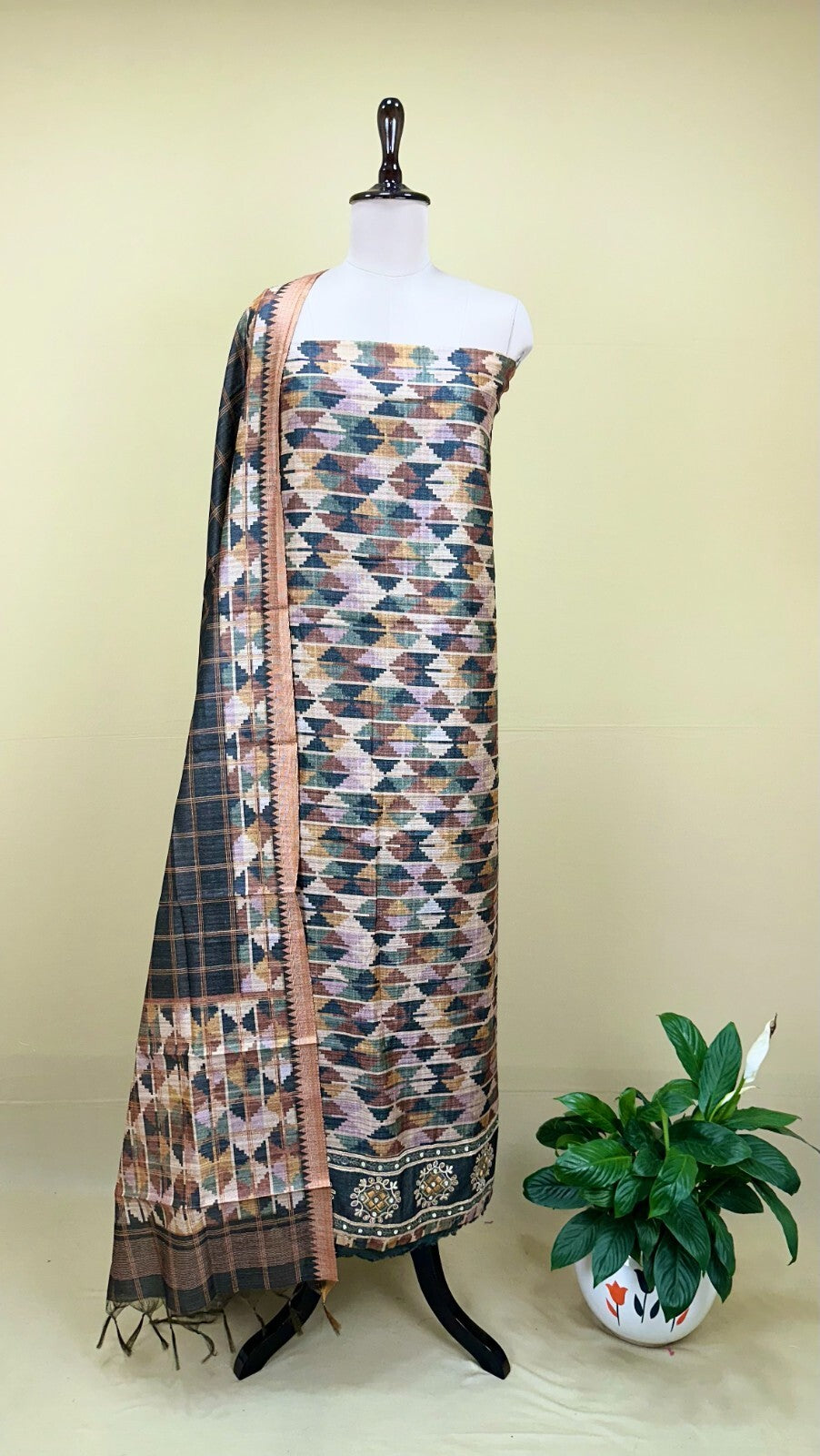 Grey Ikat Print with Mirror Embroidered Border Unstitched Suit