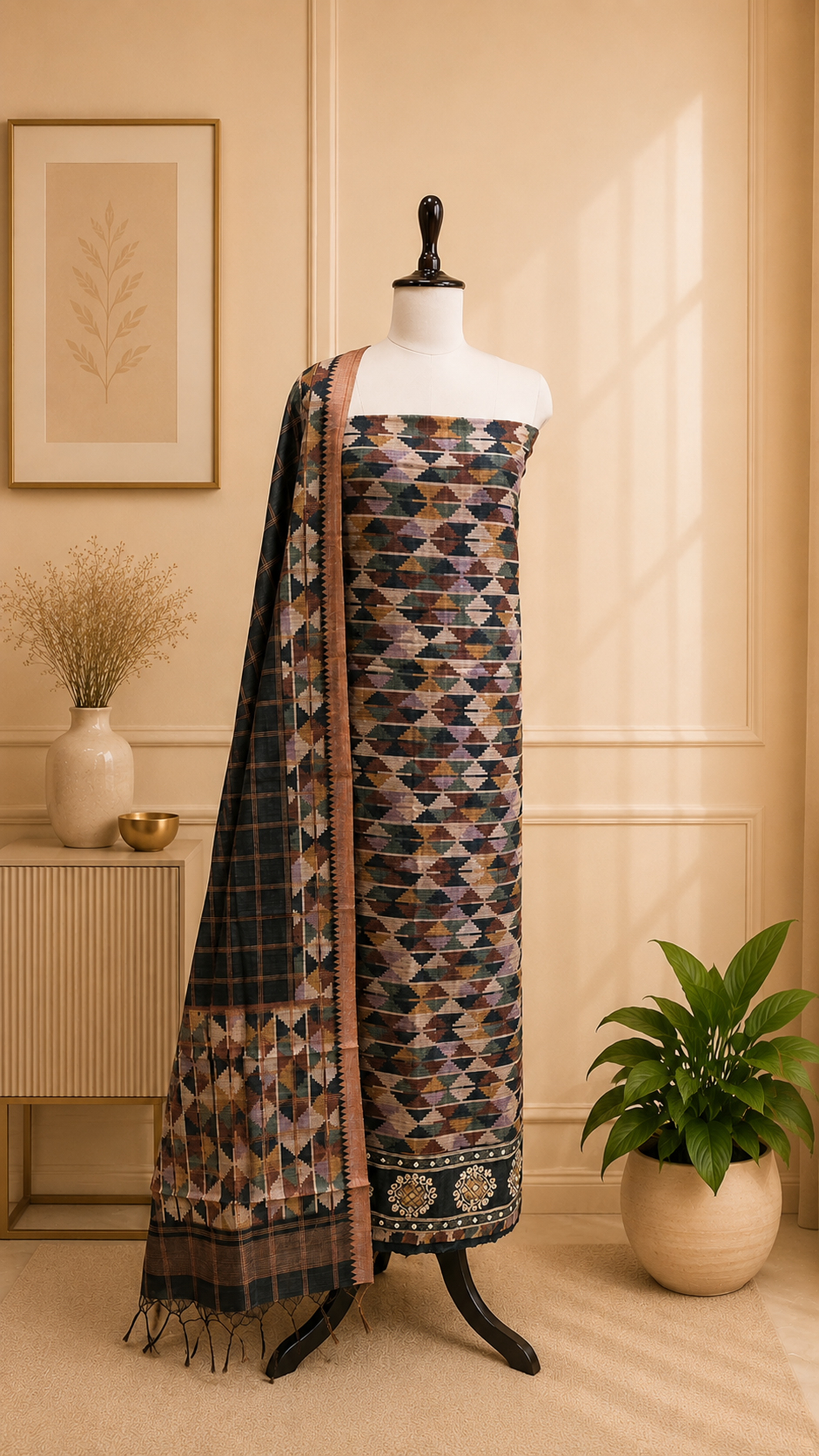Grey Ikat Print with Mirror Embroidered Border Unstitched Suit