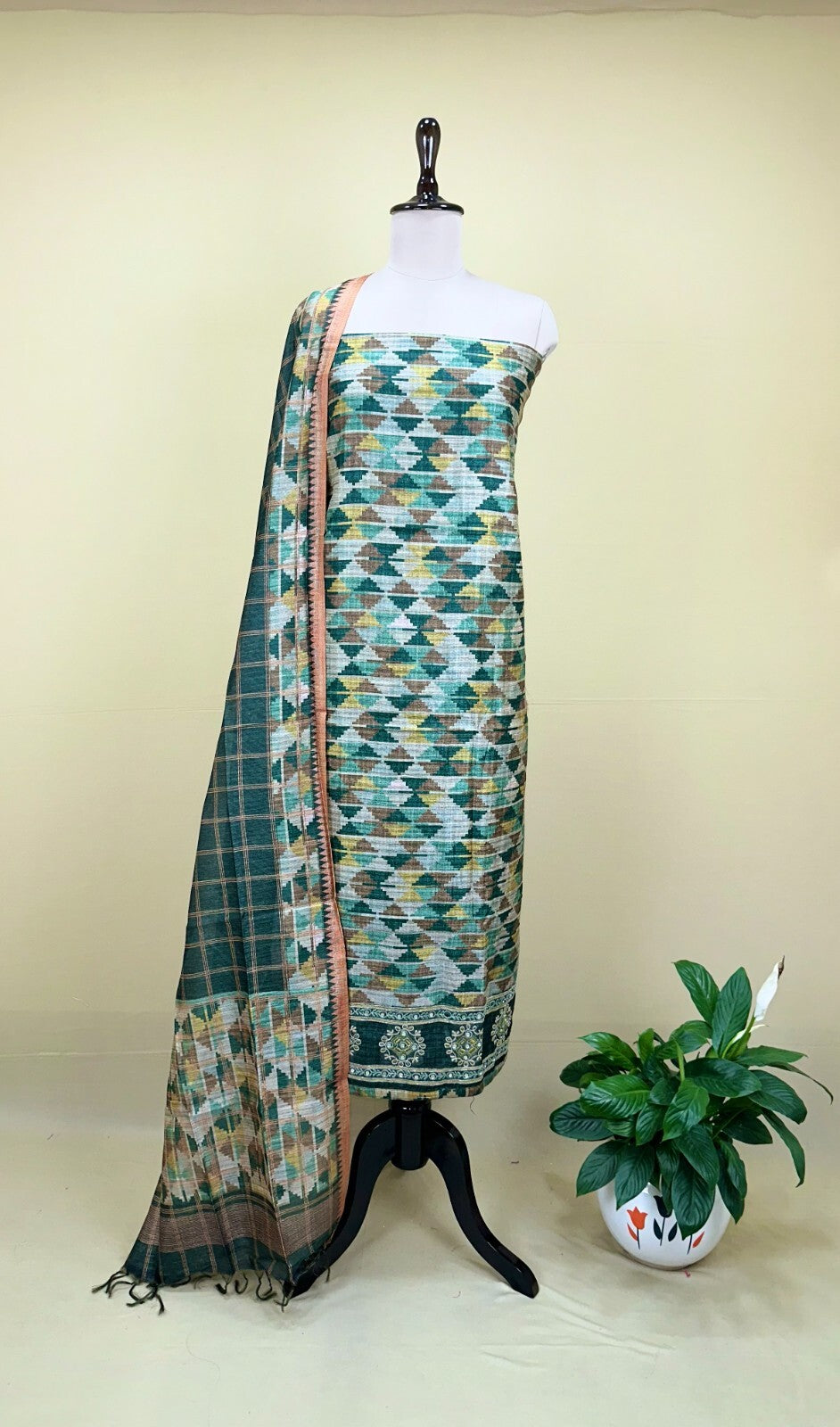 Green Ikat Print with Mirror Embroidered Border Unstitched Suit
