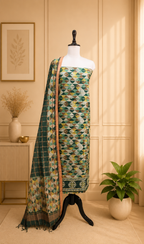 Green Ikat Print with Mirror Embroidered Border Unstitched Suit