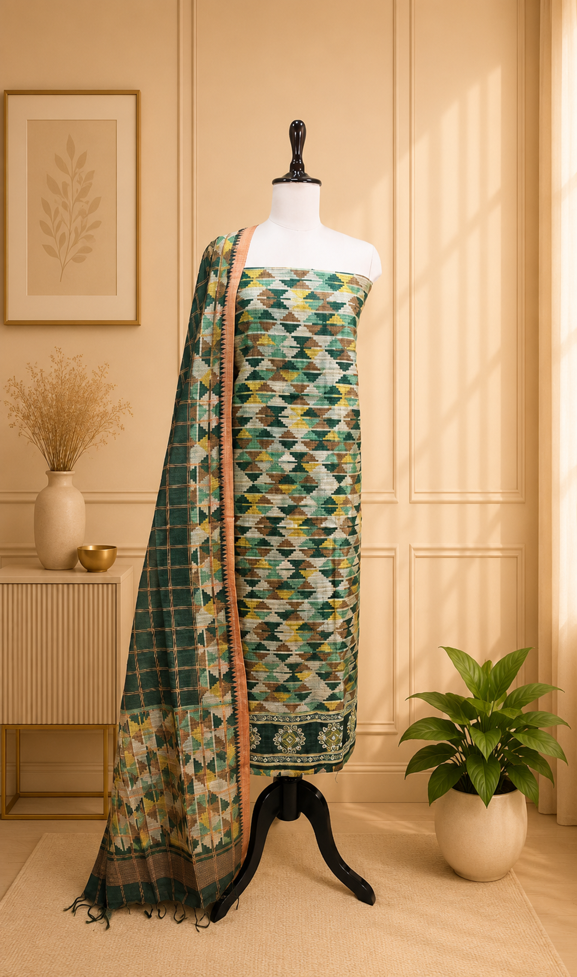 Green Ikat Print with Mirror Embroidered Border Unstitched Suit