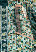 Green Ikat Print with Mirror Embroidered Border Unstitched Suit