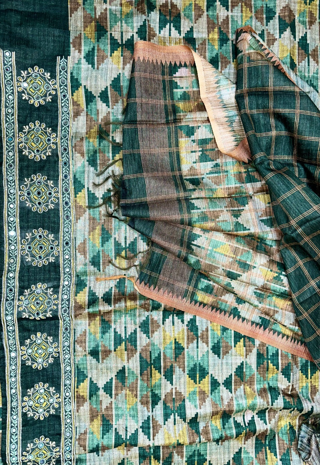 Green Ikat Print with Mirror Embroidered Border Unstitched Suit