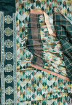 Green Ikat Print with Mirror Embroidered Border Unstitched Suit