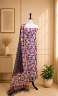 Wine Ikat Print with Mirror Embroidered Border Unstitched Suit