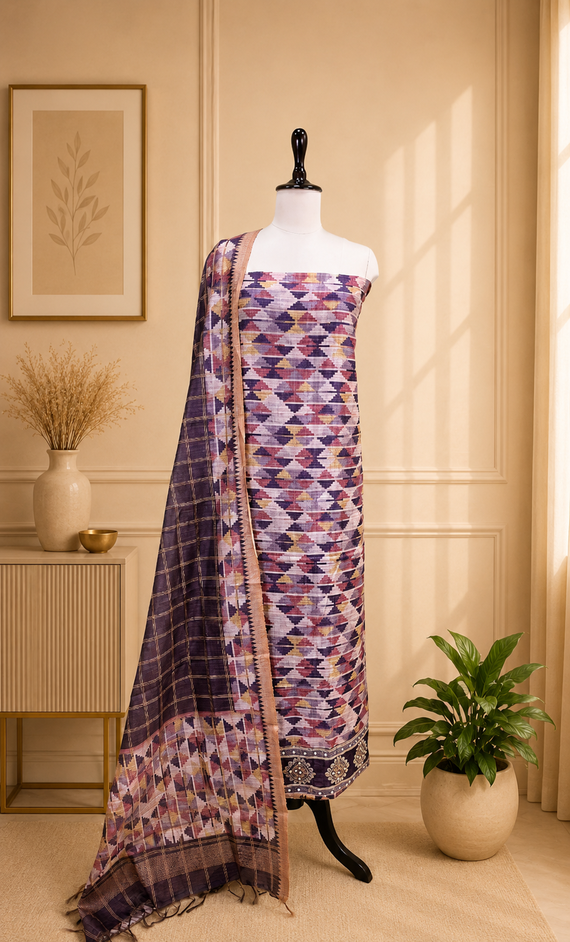 Wine Ikat Print with Mirror Embroidered Border Unstitched Suit