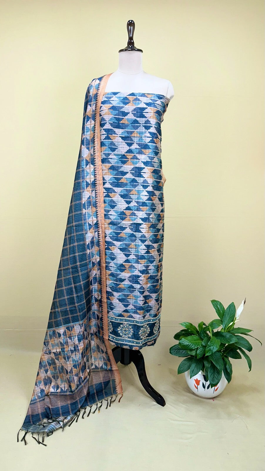 Blue Ikat Print with Mirror Embroidered Border Unstitched Suit
