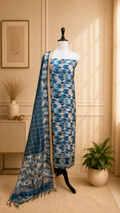 Blue Ikat Print with Mirror Embroidered Border Unstitched Suit