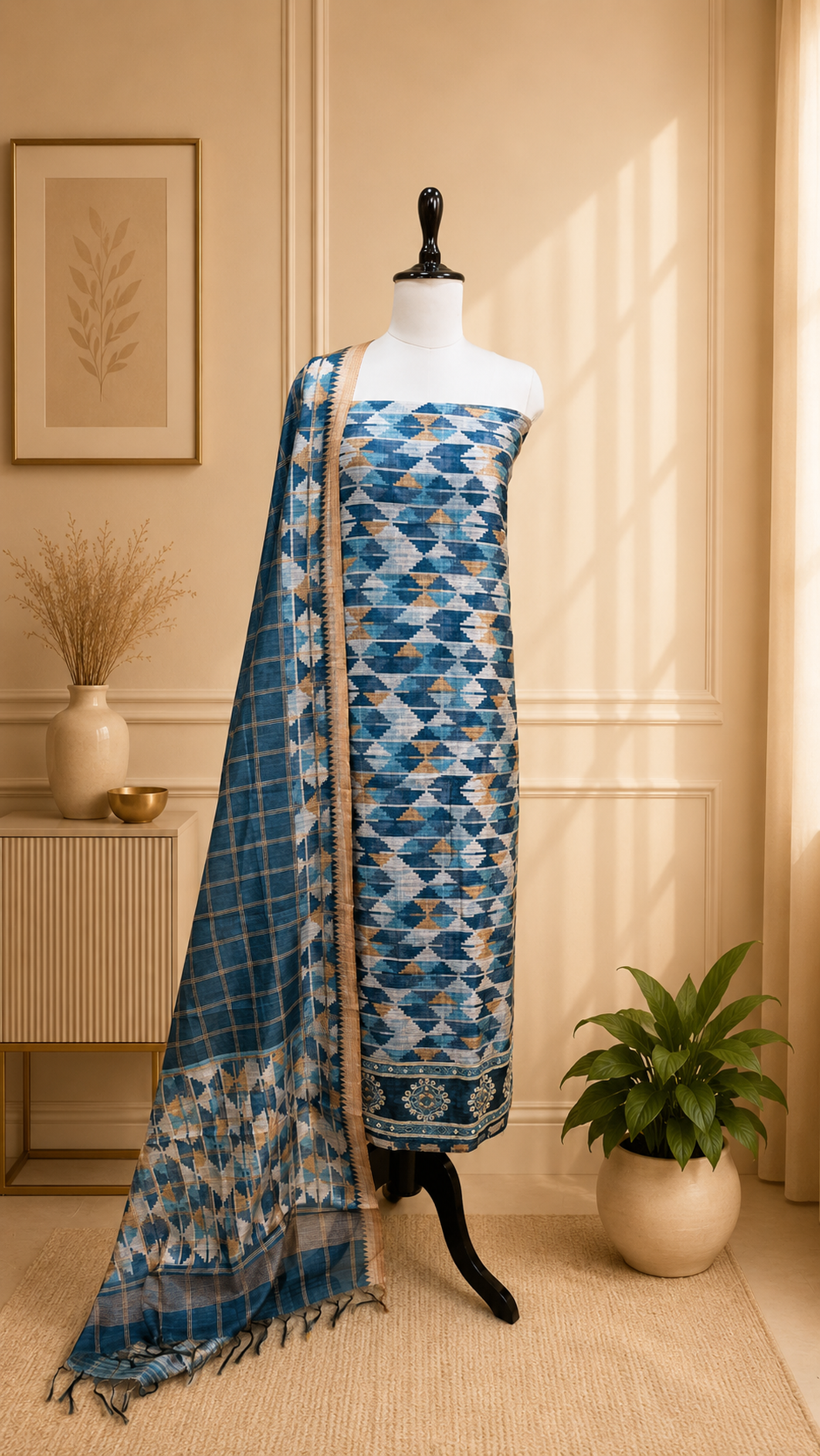 Blue Ikat Print with Mirror Embroidered Border Unstitched Suit