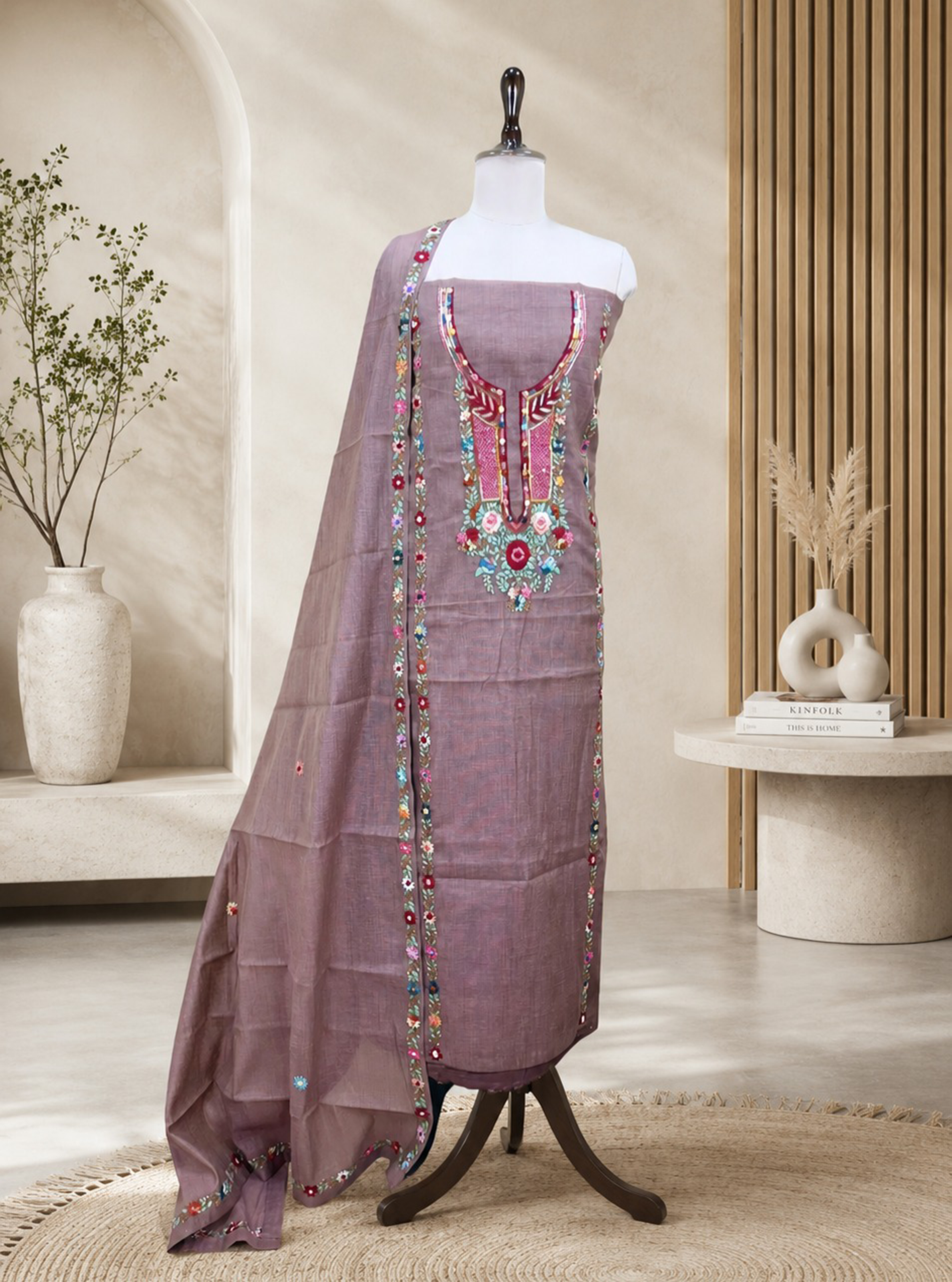 Brown Chanderi Cotton Multi Colour Hand Embroidery Unstitched Suit