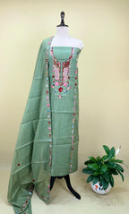 Sage Green Chanderi Cotton Multi Colour Hand Embroidery Unstitched Suit
