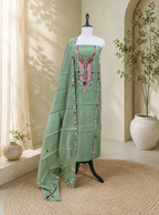 Sage Green Chanderi Cotton Multi Colour Hand Embroidery Unstitched Suit