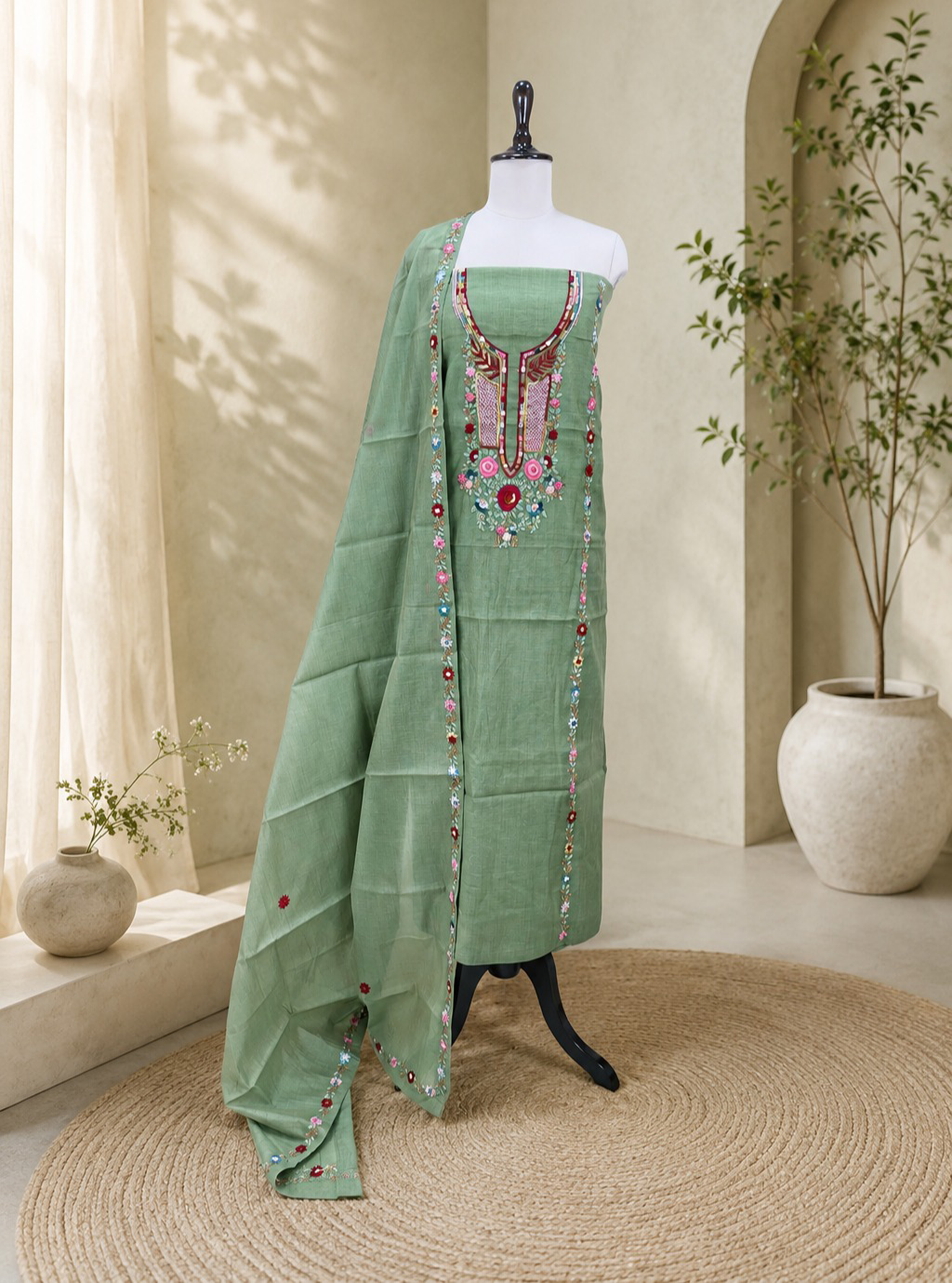 Sage Green Chanderi Cotton Multi Colour Hand Embroidery Unstitched Suit