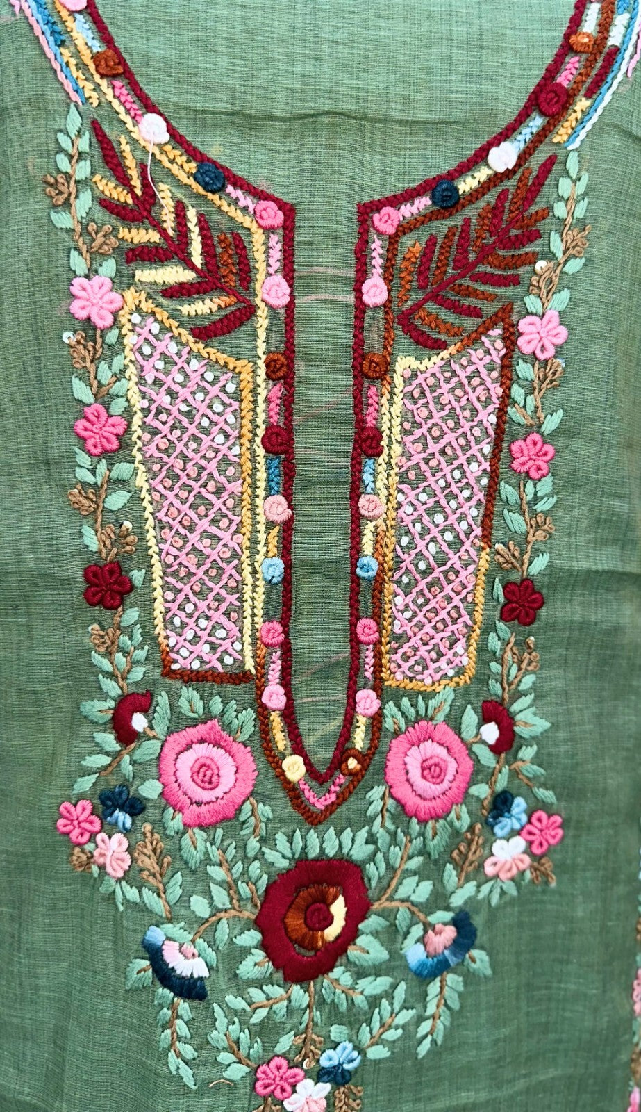Sage Green Chanderi Cotton Multi Colour Hand Embroidery Unstitched Suit