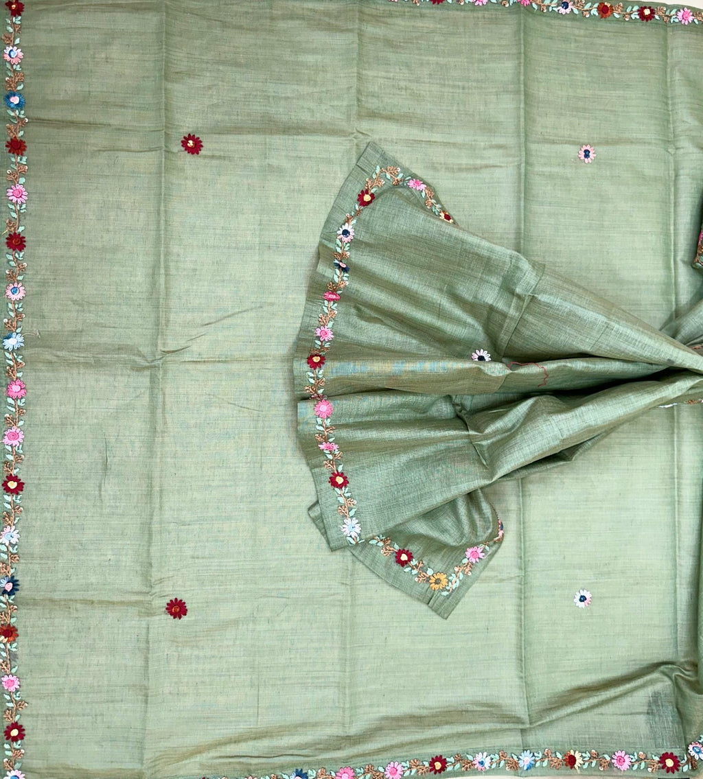 Sage Green Chanderi Cotton Multi Colour Hand Embroidery Unstitched Suit
