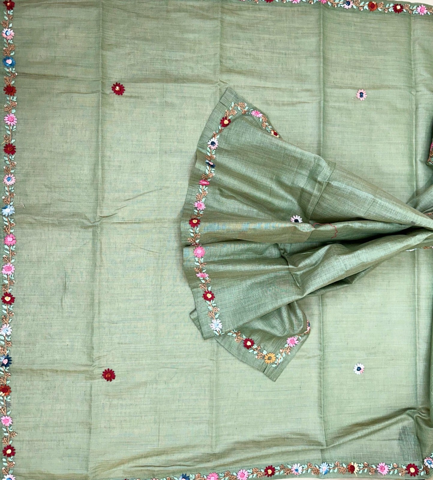 Sage Green Chanderi Cotton Multi Colour Hand Embroidery Unstitched Suit