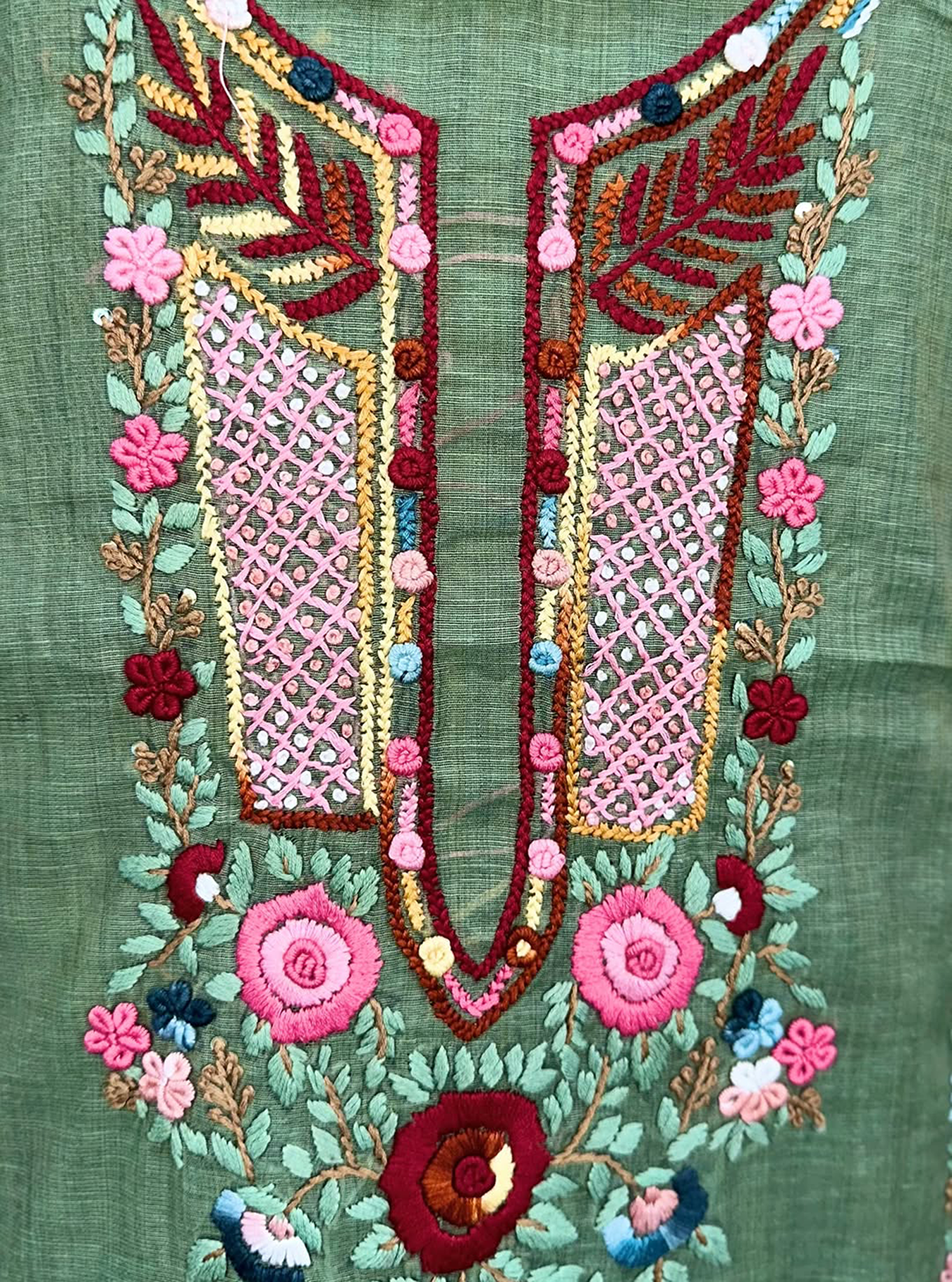 Sage Green Chanderi Cotton Multi Colour Hand Embroidery Unstitched Suit