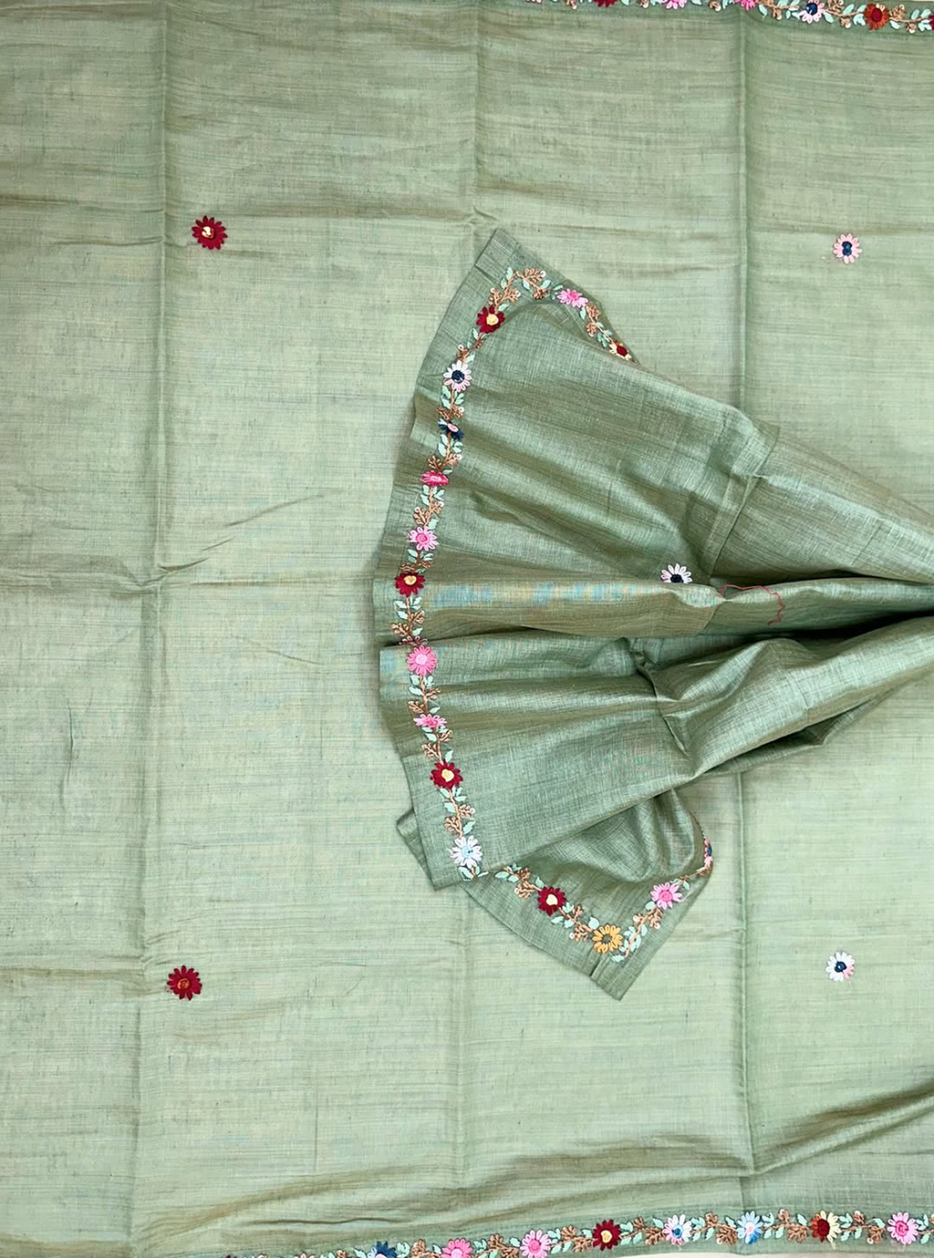 Sage Green Chanderi Cotton Multi Colour Hand Embroidery Unstitched Suit