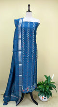 Teal Blue Maheshwari Silk Featuring Intricate Floral Embroidery and Silver Zigzag Thread Work Unstitched Suit