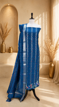 Teal Blue Maheshwari Silk Featuring Intricate Floral Embroidery and Silver Zigzag Thread Work Unstitched Suit