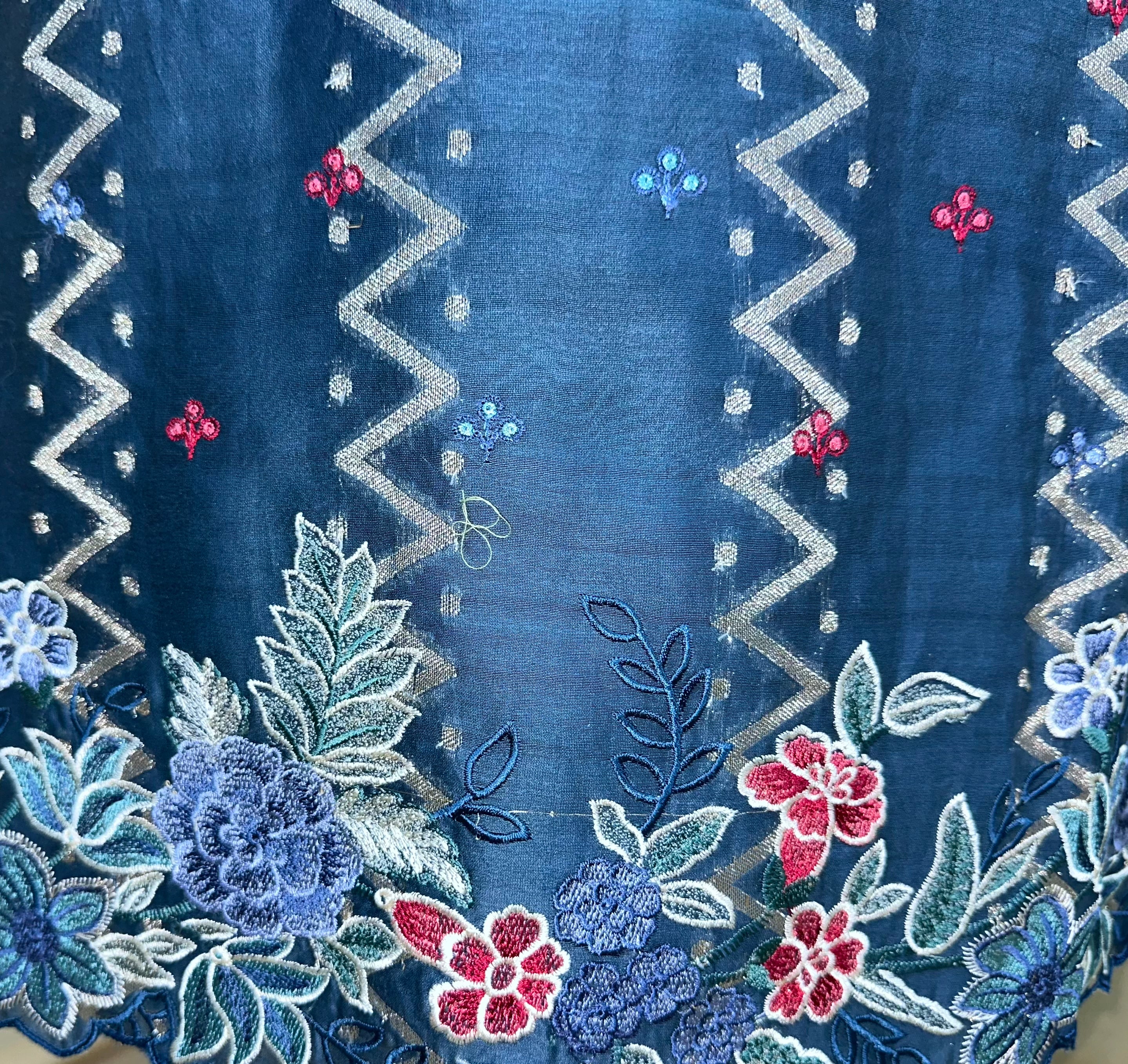 Teal Blue Maheshwari Silk Featuring Intricate Floral Embroidery and Silver Zigzag Thread Work Unstitched Suit