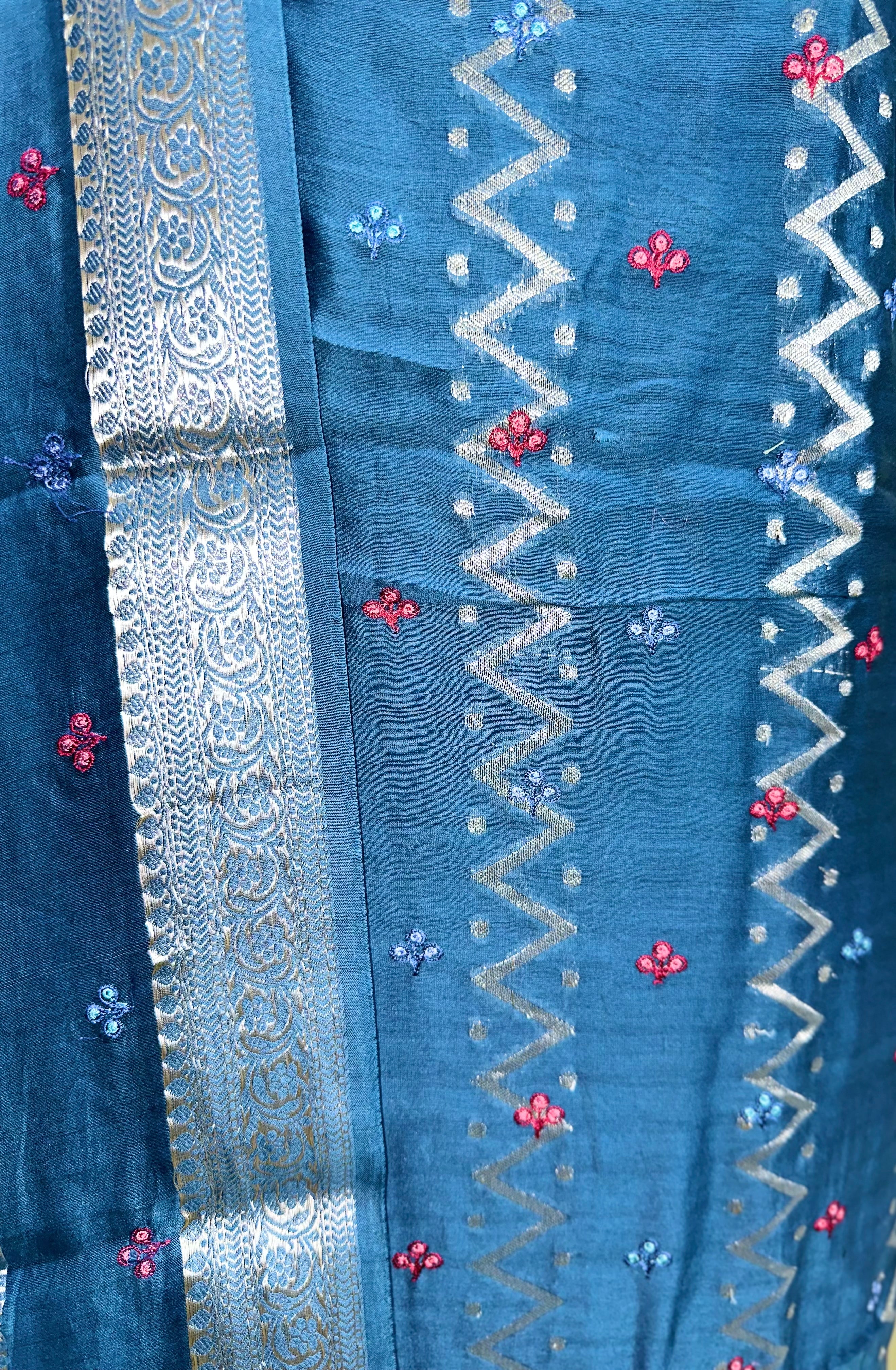Teal Blue Maheshwari Silk Featuring Intricate Floral Embroidery and Silver Zigzag Thread Work Unstitched Suit