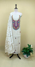 Beige Cotton Chanderi Multi Colour Floral Hand Embroidery Unstitched Suit