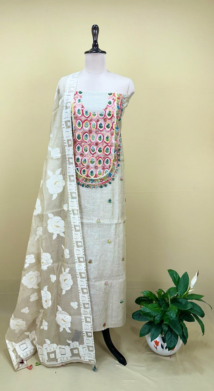 Beige Cotton Chanderi Multi Colour Floral Hand Embroidery Unstitched Suit