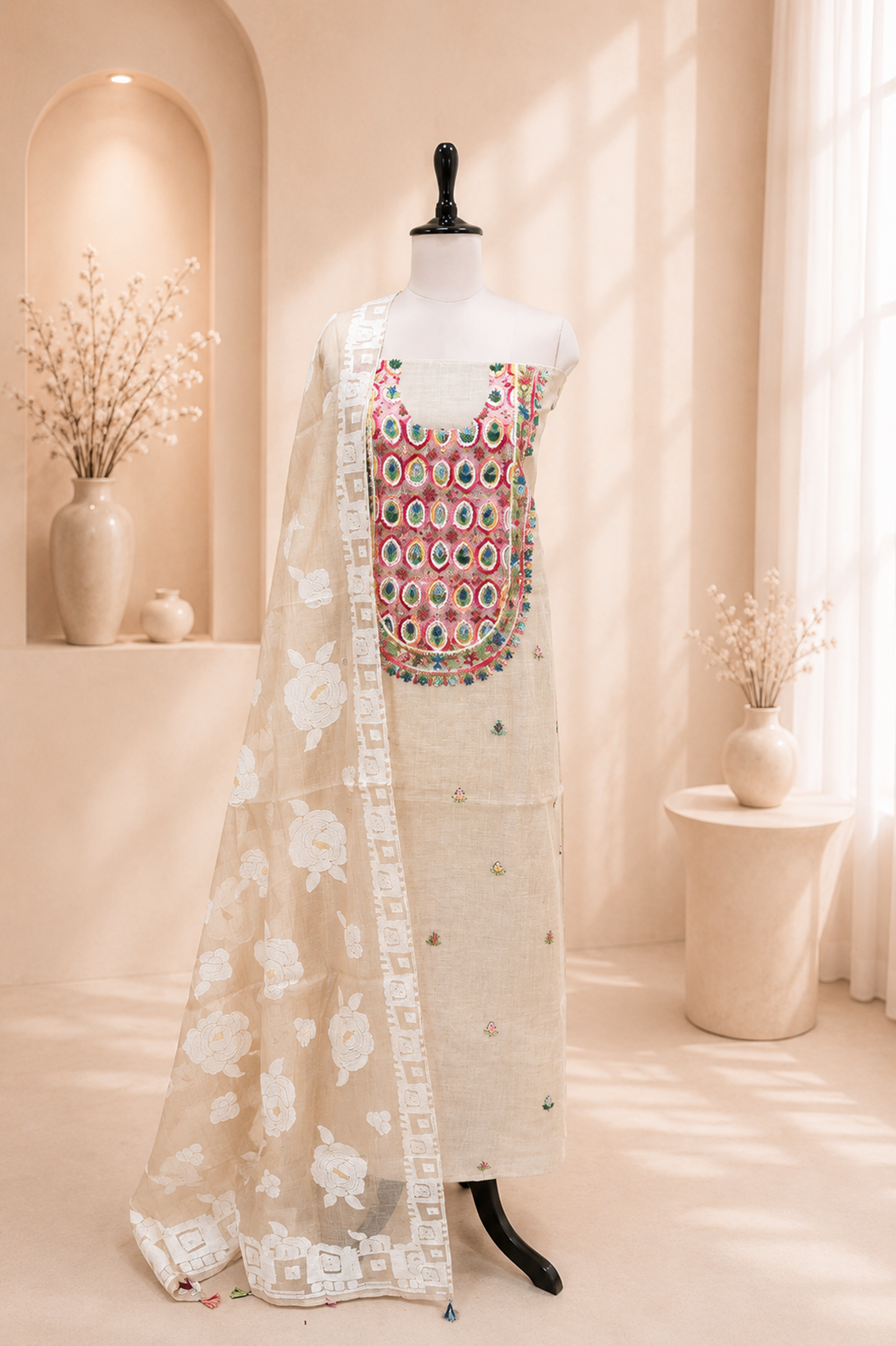Beige Cotton Chanderi Multi Colour Floral Hand Embroidery Unstitched Suit