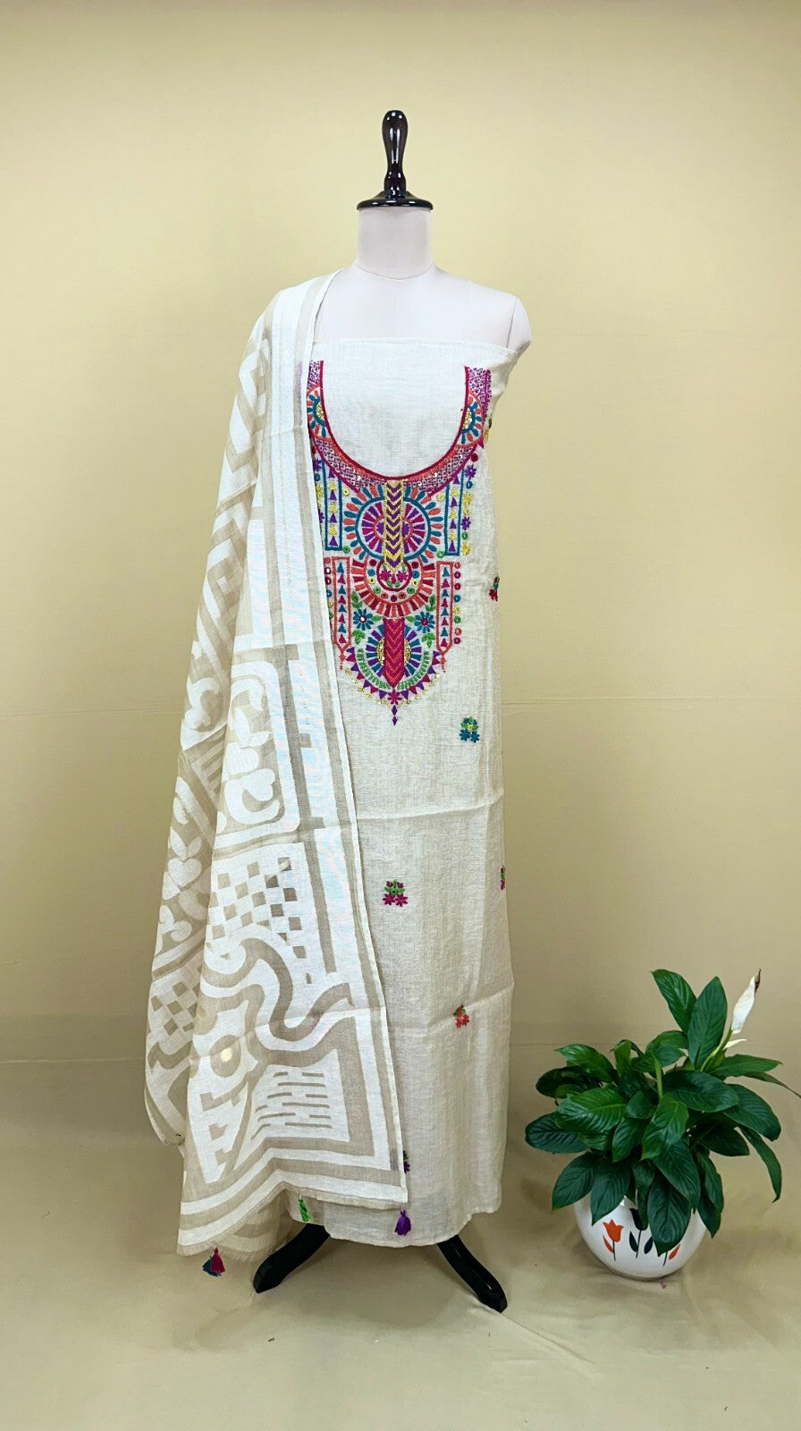 Beige Cotton Chanderi Multi Colour Floral Hand Embroidery Unstitched Suit