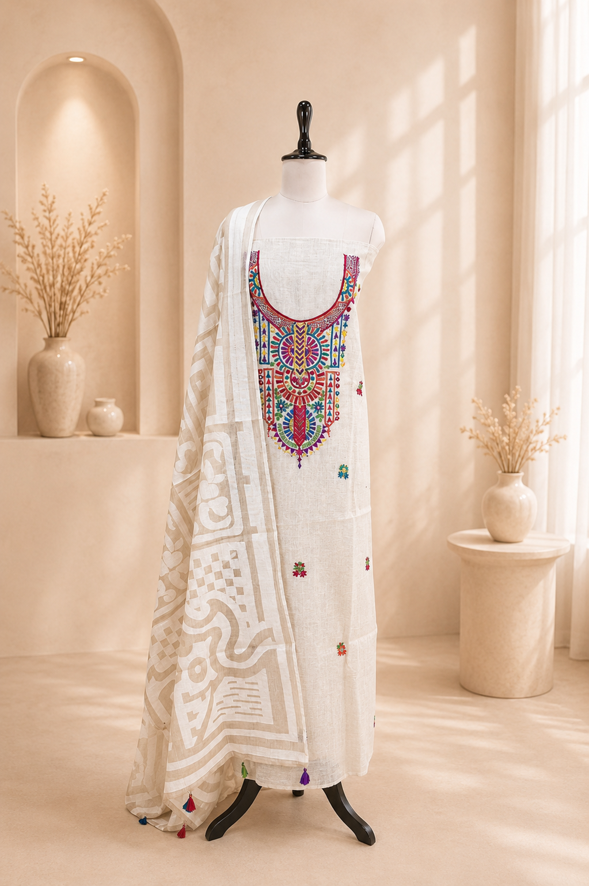Beige Cotton Chanderi Multi Colour Floral Hand Embroidery Unstitched Suit