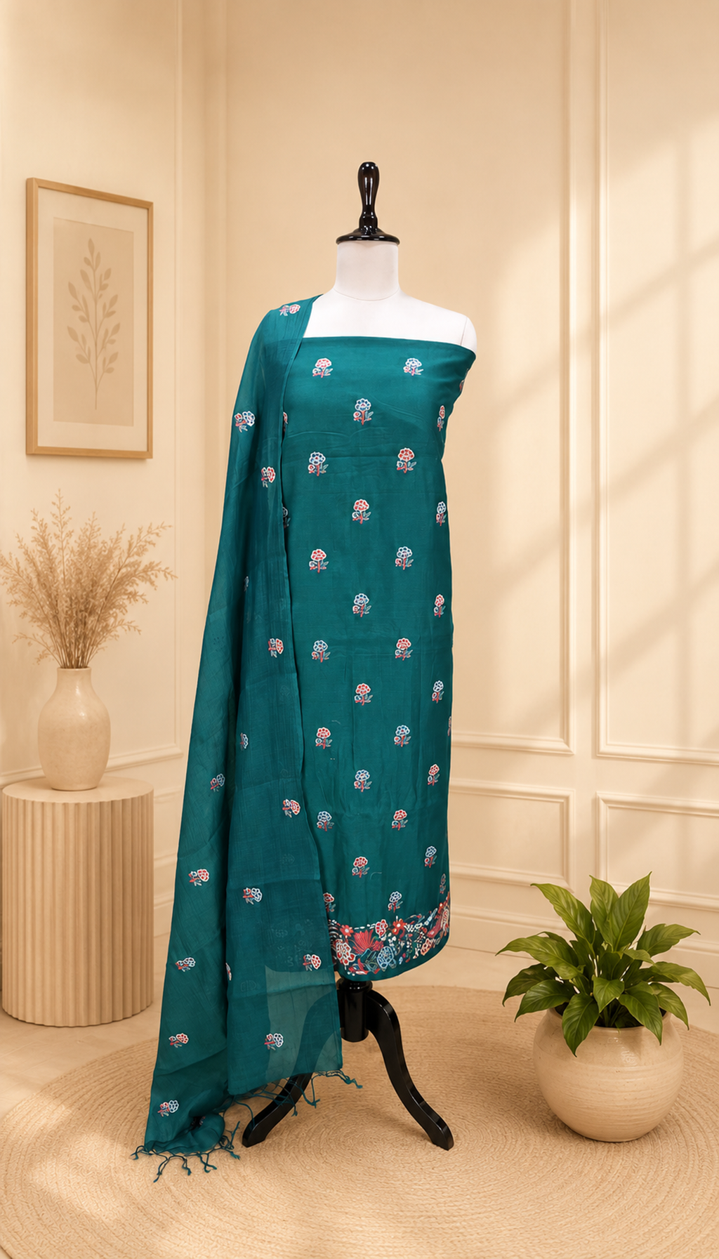 Green Maheshwari Silk Parsi Gara Embroidered and Featuring Intricate Floral and Bird Motifs Unstitched Suit