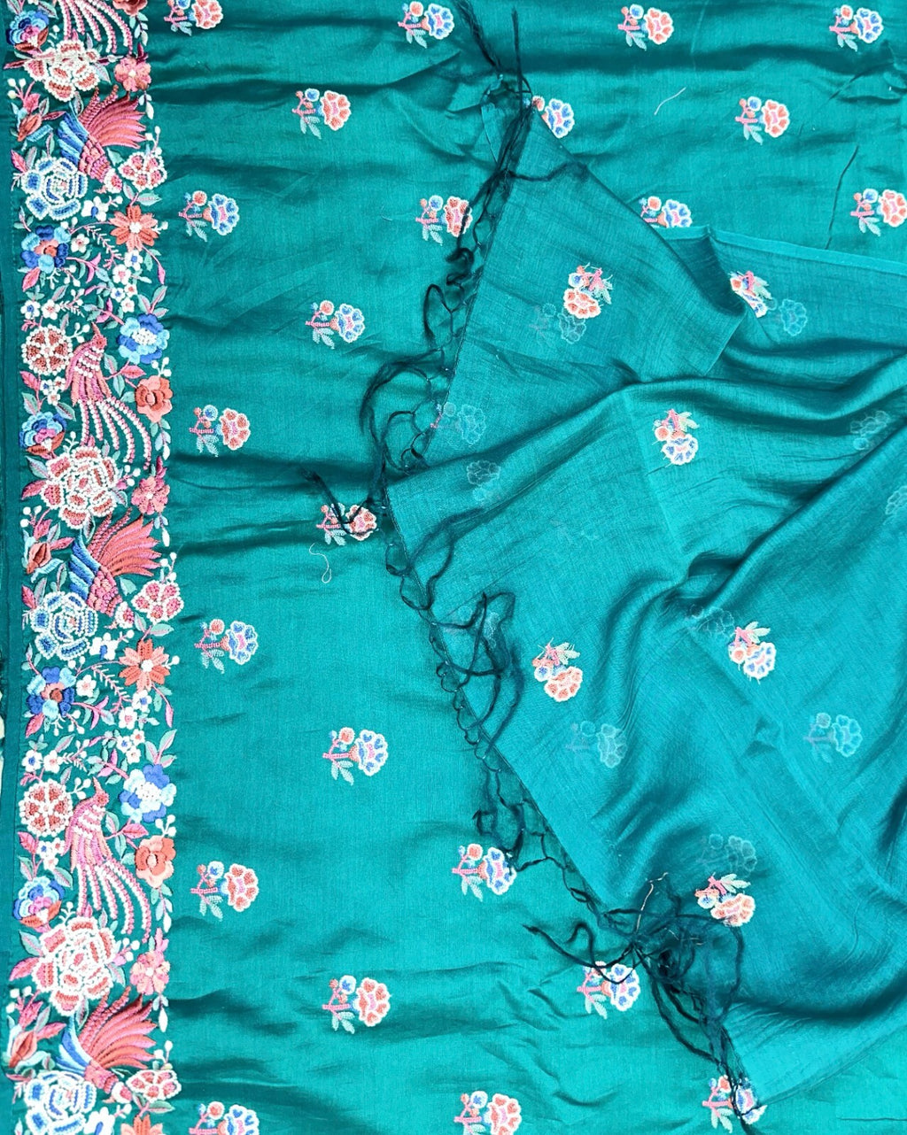 Green Maheshwari Silk Parsi Gara Embroidered and Featuring Intricate Floral and Bird Motifs Unstitched Suit