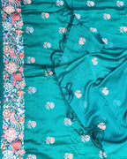 Green Maheshwari Silk Parsi Gara Embroidered and Featuring Intricate Floral and Bird Motifs Unstitched Suit