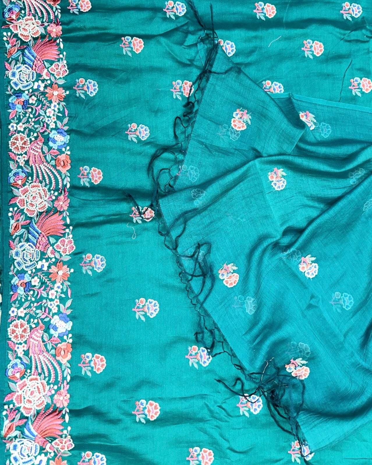 Green Maheshwari Silk Parsi Gara Embroidered and Featuring Intricate Floral and Bird Motifs Unstitched Suit